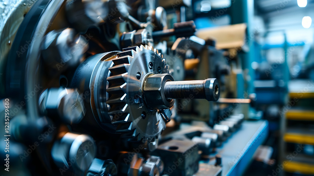 Poster close-up of a precision industrial machine component in a workshop, highlighting intricate gears and