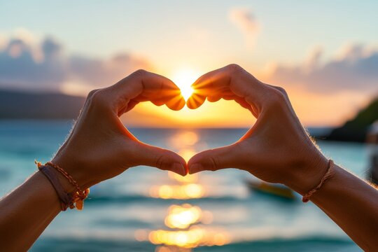 Person is holding their hands together to form a heart shape in front of a beautiful ocean view