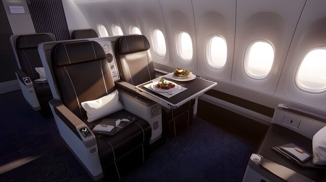 Deluxe airplane dining experience featuring a gourmet meal served on a fold out tray in a premium luxurious aircraft cabin with comfortable seating and modern refined interior design