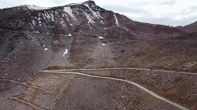 An aerial view of beautiful Himalayan mountains near Khardungla Pass, which passes through the Khardung La road, the world's highest motorable road, in the union territory of Ladakh, India.