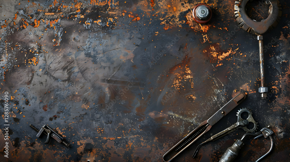 Poster rusty workbench with various tools scattered, showcasing a creative workspace environment
