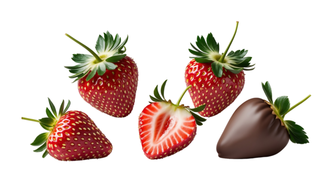 Realistic juicy strawberries and chocolate-covered strawberries in multiple poses, high-quality isolated PNG with glossy texture and vibrant red color