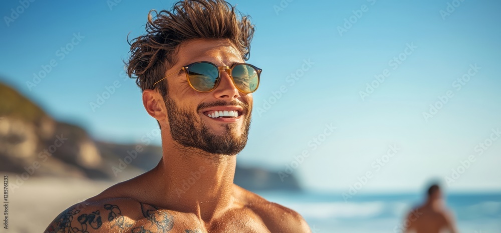 Poster man with a beard and sunglasses is smiling at the camera on a beach. scene is happy and relaxed