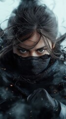 Captivating portrait of a woman in an intense action pose amidst swirling dust and debris