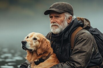 Elderly man and golden retriever enjoying quiet time beside a misty lake in early morning