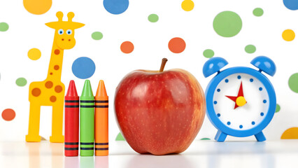 Naklejka premium Colourful school supplies with red apple, clock, crayons, pencil, and fun giraffe background, education, learning, childhood, and creativity