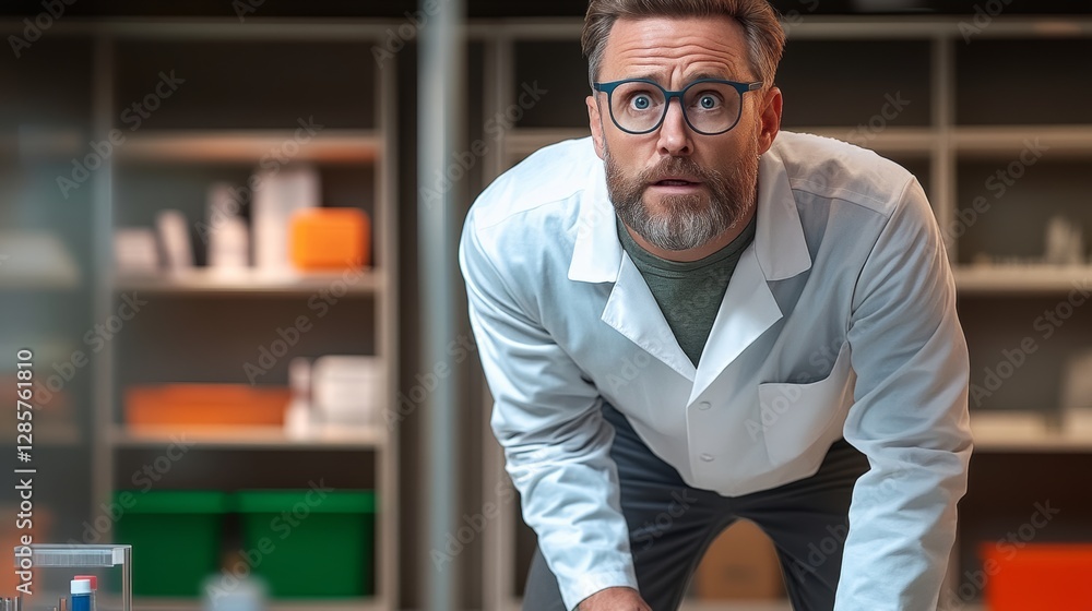 Poster man in a lab coat is looking at something with a surprised expression. he is wearing glasses and has