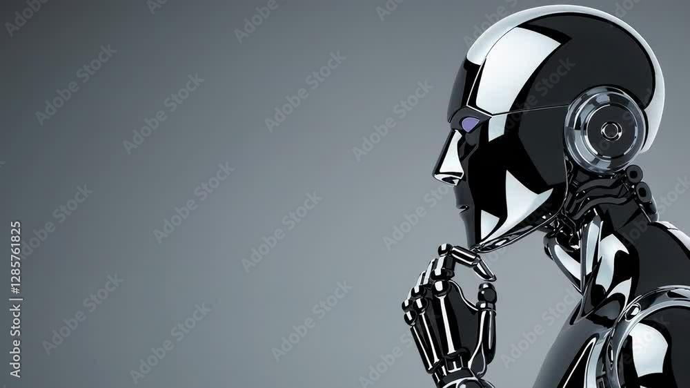 Poster chrome humanoid contemplating, positioning metallic fingers near face against neutral gray backgroun