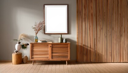 Wooden gallery room interior with dresser and decoration. Mockup frame