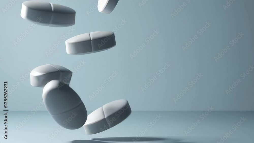 Poster white pills are falling slowly on a light blue background, creating a visually appealing presentatio