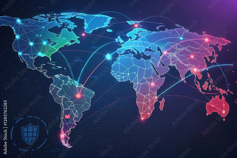 Poster a digital world map illustrating global connectivity through colorful data lines and network nodes.