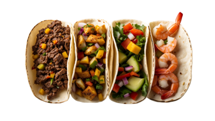 Taco flat lay with different fillings including beef chicken shrimp and vegetables