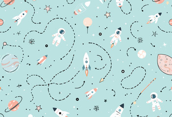 a space theme with various objects such as planets, stars, and spaceships, all set against a light blue background.