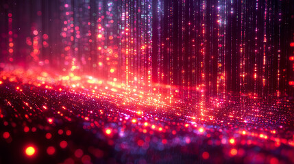 Neon Digital Rain Over 3D Geometric Grid with Glowing Distortion Effects in Cyberpunk Abstract Design
