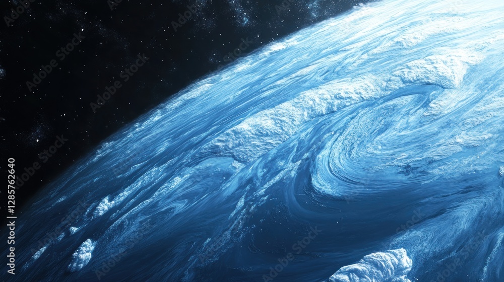 Poster artistic render of an ice planet in deep space exploration and discovery