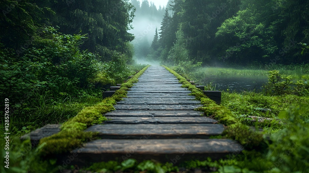Poster enchanting moss covered wooden bridge stretching across a misty forest path surrounded by towering t