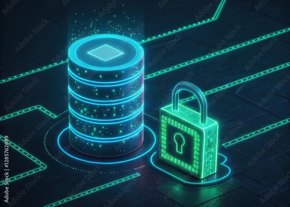 Poster a digital representation of a secure database with a glowing padlock, symbolizing data protection an