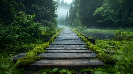 Enchanting moss covered wooden bridge stretching across a misty forest path surrounded by towering trees and soft swirling fog  The weathered rustic structure invites one to embark on a tranquil