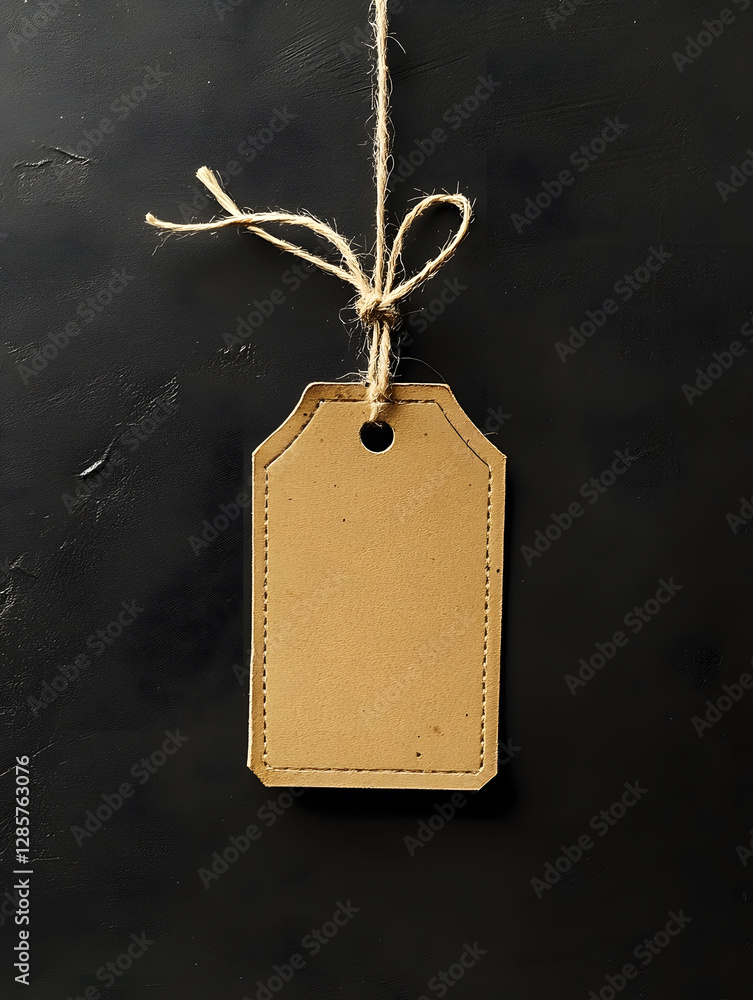 Poster brown paper tag with twine hanging on dark textured surface : generative ai