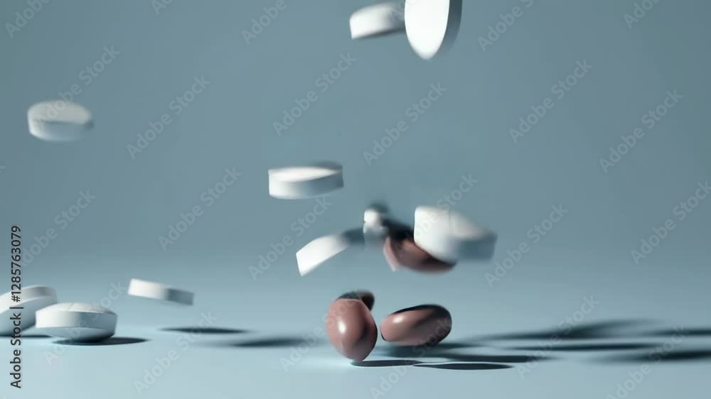 Poster Pharmaceutical pills in different colors falling and bouncing on a light blue background, creating a visually appealing slow motion sequence