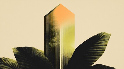 Fototapeta premium Mysterious face subtly emerges from tall geometric structure framed by lush green leaves bathed in warm yellow light. AI Generated