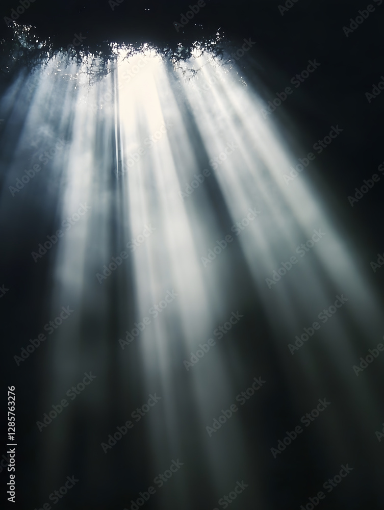 Aufkleber ray of sunlight shining through dark forest trees creating ethereal glow : generative ai