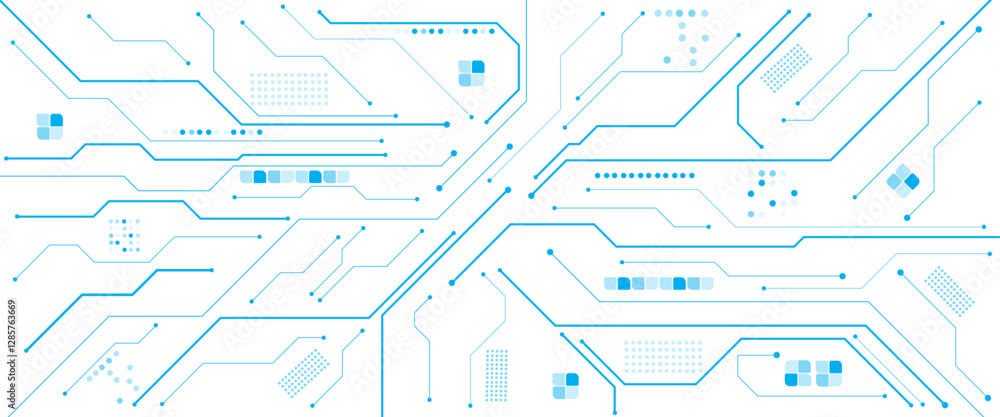 Poster vector technology lines circuit and dots on blue background, circuit board network connection.