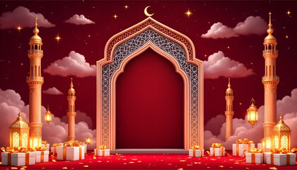 Obraz premium Background Gold red eid ramazan promotion sale lantern