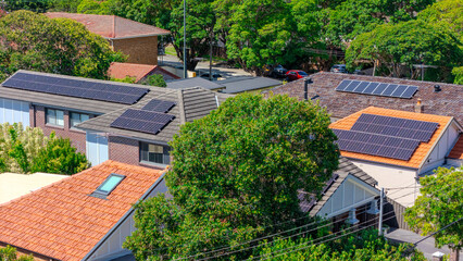 Drone Aerial View of Solar Panels an inner western Sydney Suburban residential Brick house in...