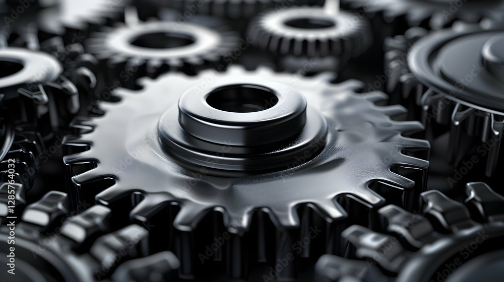 Poster close-up view of interlocking black gears showcasing intricate mechanical design and texture