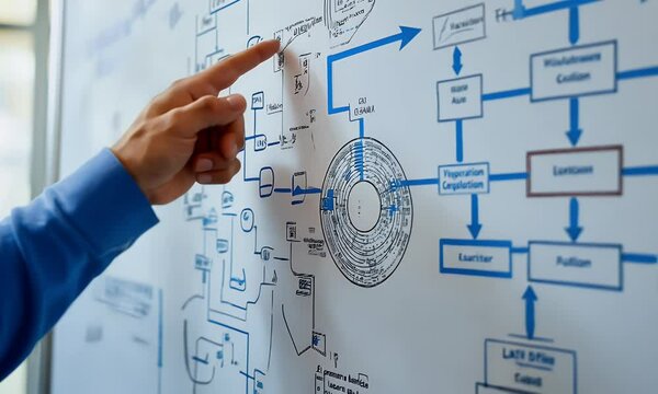 A person pointing at a detailed flowchart on a whiteboard, illustrating a complex process or system.
