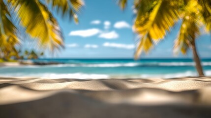 The image captures a beautiful beach scene with palm trees and a blue ocean. The water is calm, and the sky is clear, creating a serene and peaceful atmosphere