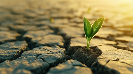 small green sprout grows from the cracked earth, concept of growth