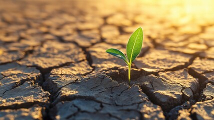 small green sprout grows from the cracked earth, concept of growth