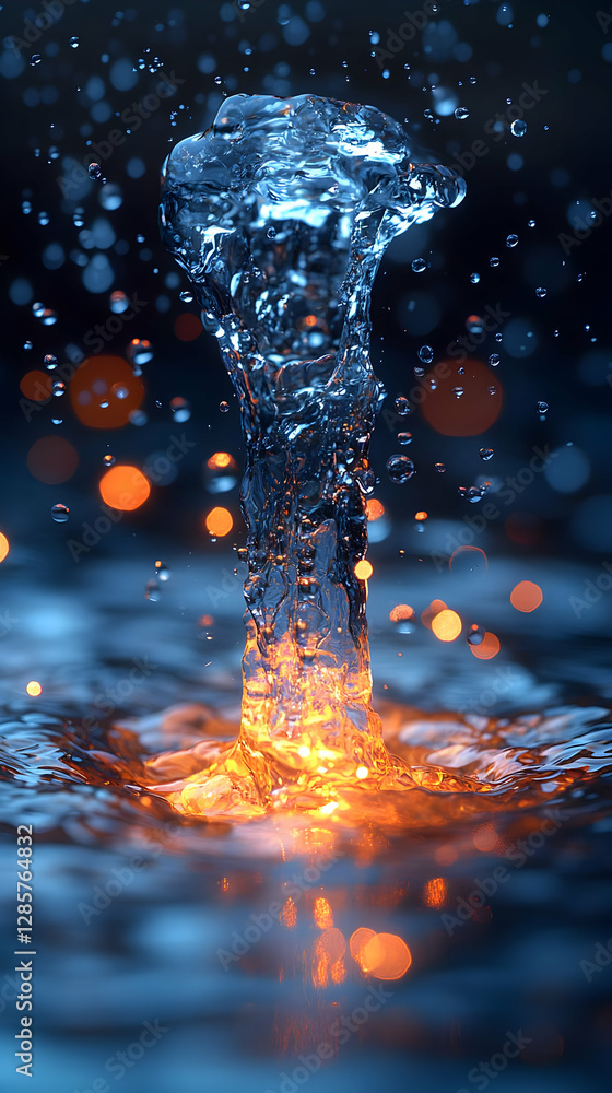 Poster dynamic water splash with orange glow in dark background highlighting liquid motion and transparent 