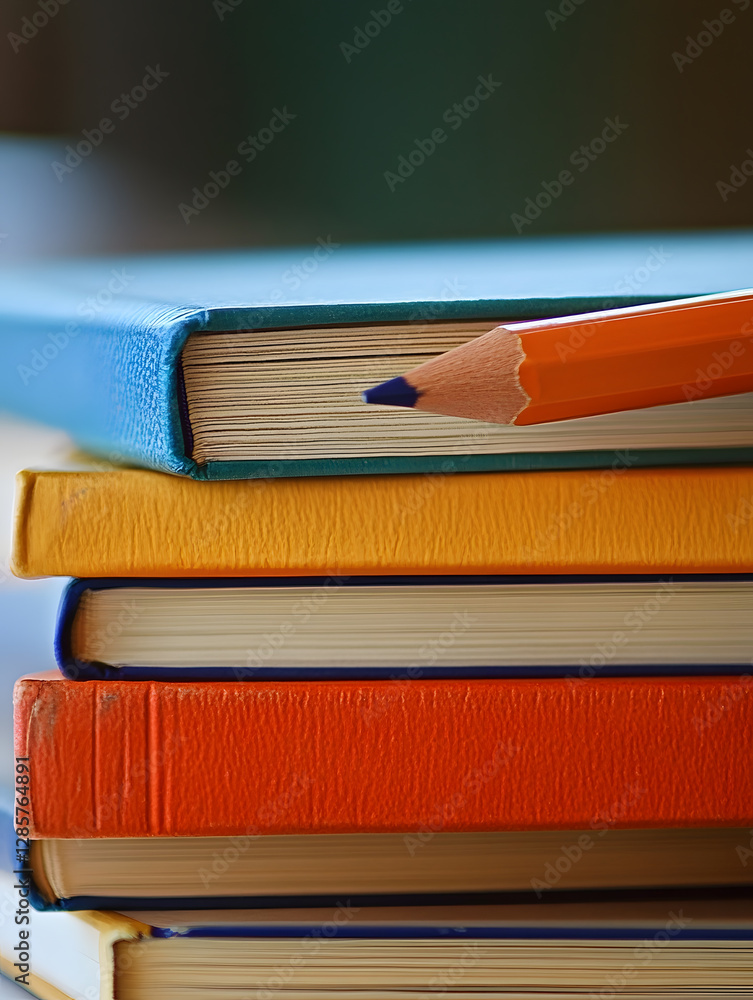 Poster Colorful Stack of Books with Highlighted Pencil on Blurred Background : Generative AI