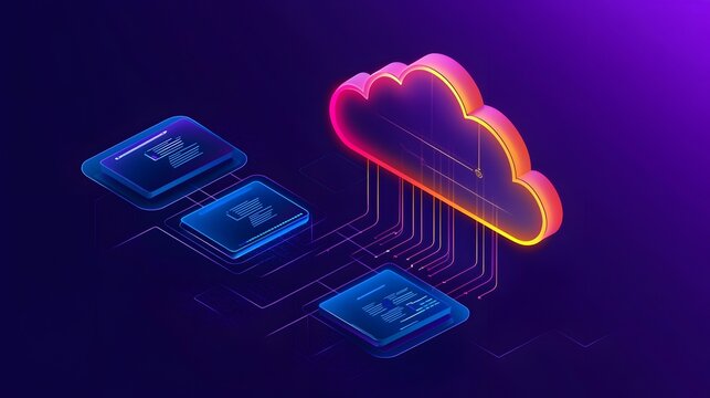 Vibrant and futuristic showcasing a cloud based enterprise management solution with seamless digital transformation featuring a tetradic color scheme and sci fi inspired geometric elements