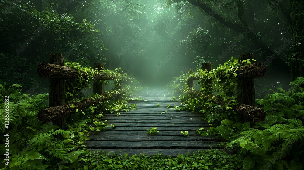 Poster misty forest path winding through dense foliage leading to a hidden wooden bridge with diffused ligh