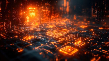 Cyberpunk Circuit Board, Glow, Cityscape, Processing