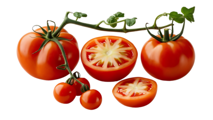Variety of red tomatoes including whole, sliced, and halved pieces, fresh and organic tomato set on a clear background