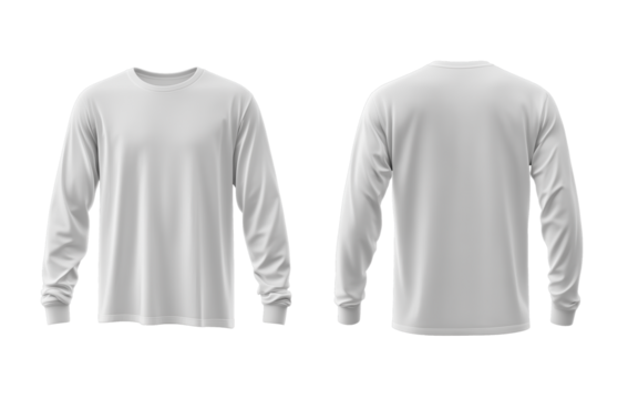 White long sleeve mock up, front and back view, longsleeve t shirt mockup template isolated on transparent background.