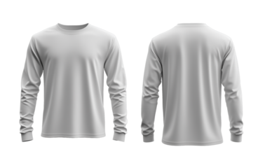 White long sleeve mock up, front and back view, longsleeve t shirt mockup template isolated on transparent background.