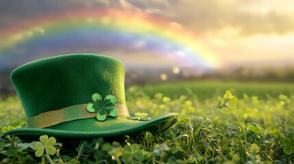 Elegant green leprechaun hat with shamrock embroidery details, placed in a green field with rainbow and pot of gold background. Ai generated images.
