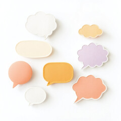 Speech bubbles and thought clouds, round, oval, and jagged shapes, soft pastel outlines, gentle soft light, warm autumn colors, diffused shadows.
