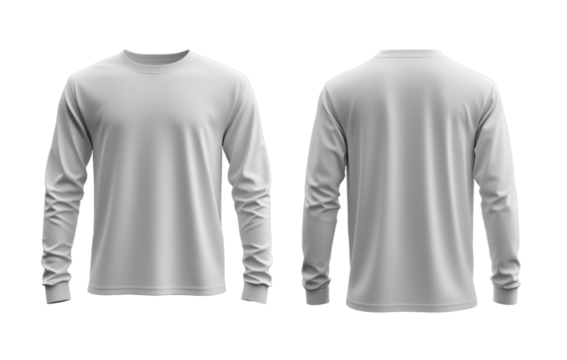White long sleeve mock up, front and back view, longsleeve t shirt mockup template isolated on transparent background.