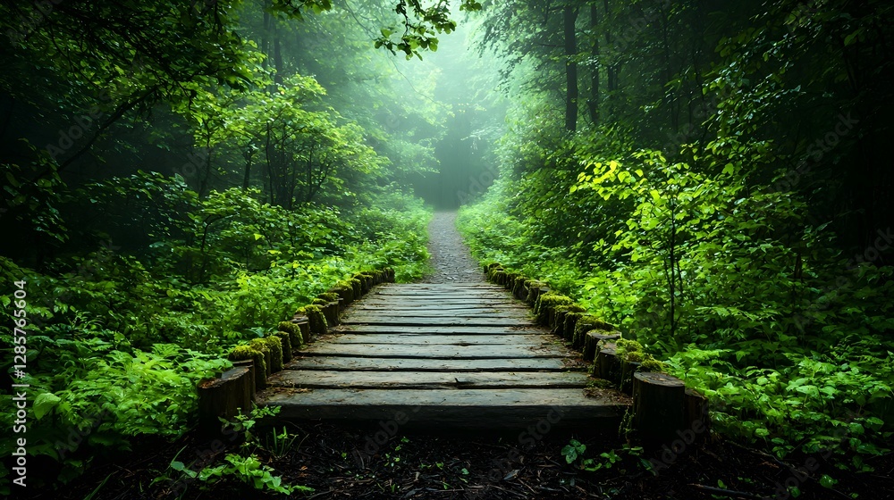 Poster mysterious forest path winds through misty trees leading to a hidden wooden bridge spanning a tranqu