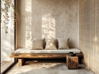 A wooden bench with three pillows on it
