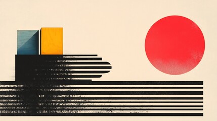 Abstract geometric art bold red circle contrasts subtly textured black stripes. AI Generated