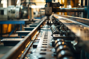 Fototapeta premium Industrial machinery in a factory setting, showcasing precision engineering and production lines