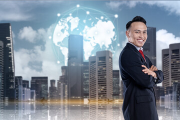 Businessman standing with a globe with a connected network in a modern city background. Concept of global business development and digital marketing strategy